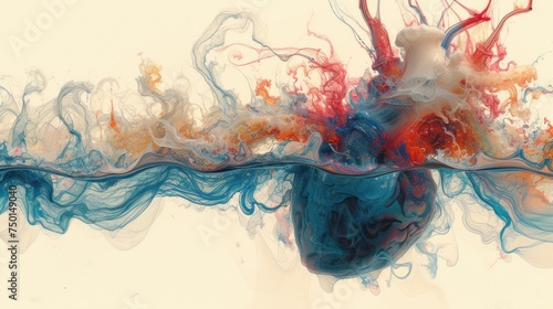 a painting of a heart surrounded by blue, red, and orange smokes and water on a white background. © Sonya