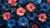 a bunch of flowers that are in the middle of a bunch of blue and pink flowers on a black background.
