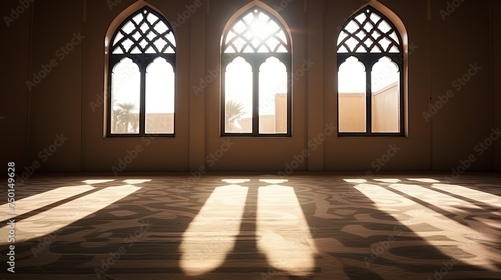Shadows of a window cast onto the ground of a mosque create a serene Islamic vertical background, perfect for Ramadan.