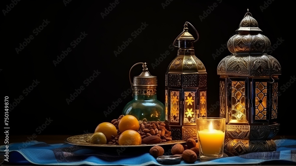 Ramadan and Eid al fitr Background special Islamic photos, new colorful Ramadan Mubarak isolated with black background Arabic light lamp with dates and tasbeeh, iftar concept image