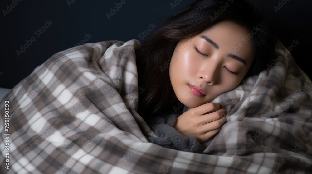 In the intimacy of her room, the woman finds respite in sleep on a warm colored blanket, the close-up capturing a profound sense of comfort and peace in her cozy bed. In the intimacy of her room, the woman finds respite in sleep on a warm colored blanket, the close-up capturing a profound sense of comfort and peace in her cozy bed.