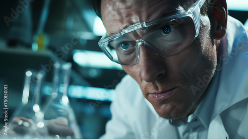 Cientista em laboratório fazendo experimentos com líquidos coloridos vestindo jaleco e óculos de segurança