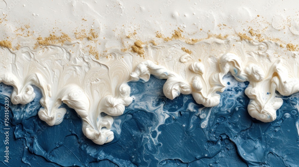 a painting of blue and white waves with gold flecks on the top of the waves and bottom of the wave is white and gold flecks on the bottom of the wave. a painting of blue and white waves with gold flecks on the top of the waves and bottom of the wave is white and gold flecks on the bottom of the wave.