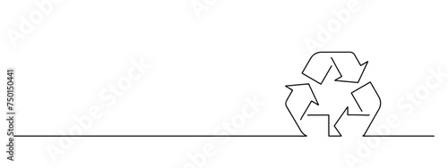 recycling sign one line art, waste recycling lineart, black line vector illustration, editable stroke, horizontal design element