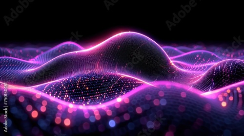 a computer generated image of a wave of pink and purple lights on a black background with a black back ground. photo