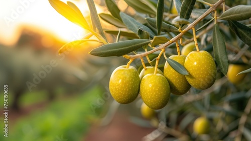 a bunch of olives hanging from a tree with the sun shining through the leaves and the olives still on the tree. photo