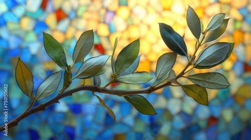 a tree branch with green leaves in front of a stained glass window with a stained glass pattern in the background. photo