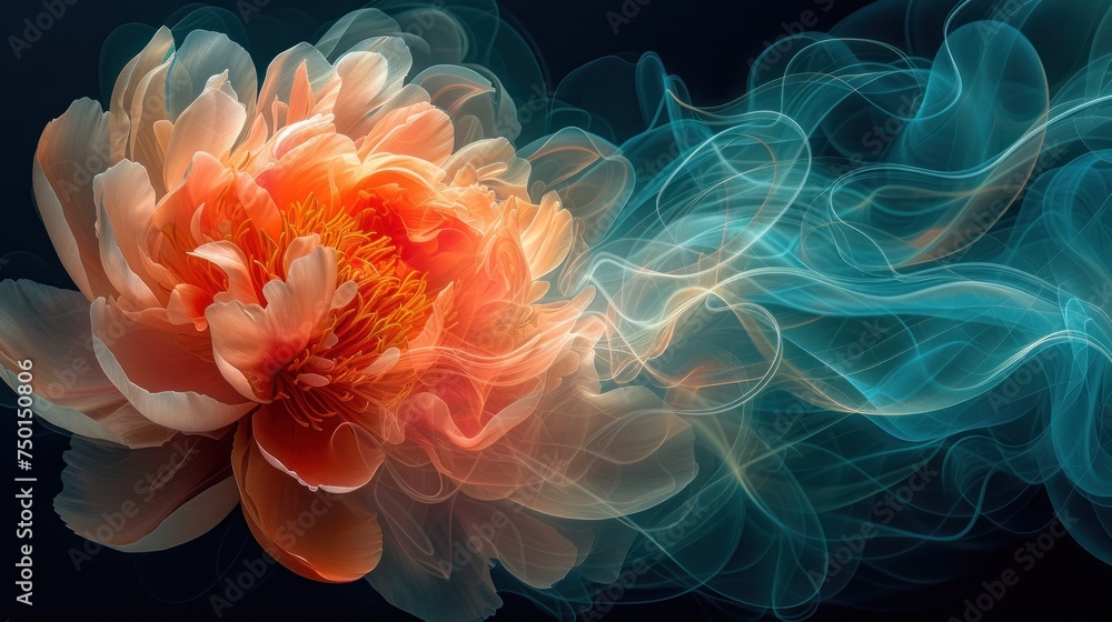 a close up of a flower with a lot of smoke coming out of the center of the flower on a black background. a close up of a flower with a lot of smoke coming out of the center of the flower on a black background.