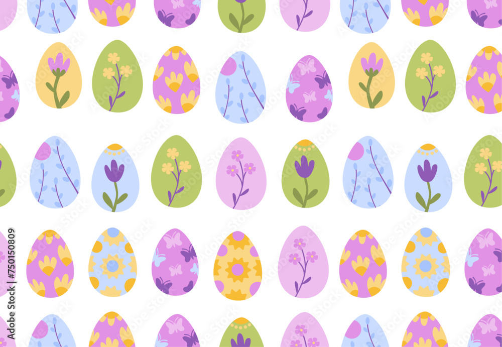 Colourful Easter eggs pattern on white background. Easter decoration. Seamless pattern for textile, wallpaper, gift wrap. Colourful Easter eggs pattern on white background. Easter decoration. Seamless pattern for textile, wallpaper, gift wrap.