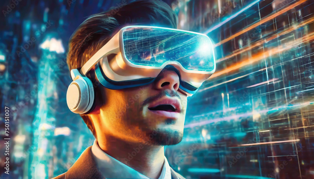 A person is lost in a digital world, their face obscured by the sleek goggles, as they explore the endless possibilities of virtual clothing A person is lost in a digital world, their face obscured by the sleek goggles, as they explore the endless possibilities of virtual clothing