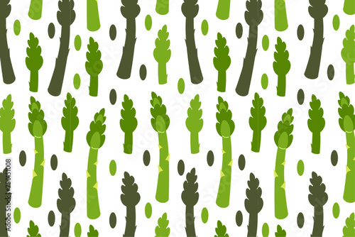 Various green asparagus patterns on a white background. Seamless vegetable design for textile, wallpaper, print. Healthy food backdrop.