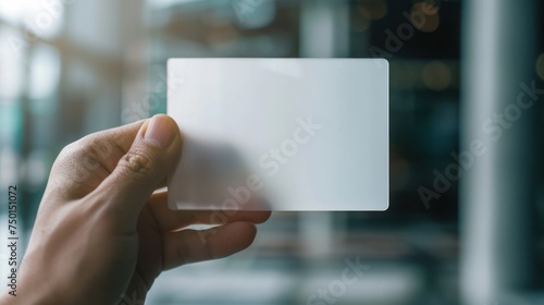 A mockup featuring a hand holding a blank translucent card with rounded corners, serving as a clear call-card template. The plastic transparent acrylic name card is displayed prominently photo