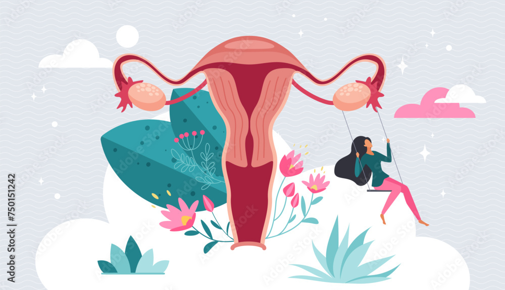 Care for female reproductive health and fertility, hormone balance. Tiny happy woman swinging with self love, healthy Uterus, Womb organs in anatomy diagram with flowers cartoon vector illustration