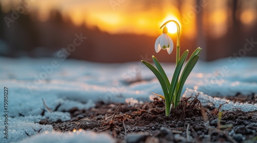  a close up of a snow covered ground with snow on the ground and a flower in the middle of the ground with the sun setting in the distance behind the trees. photo