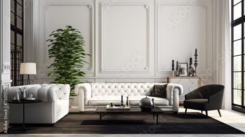 A modern living room with white walls, a black rug, and a white leather sofa