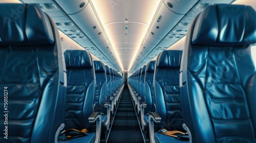 During a daytime flight, the interior of a modern aircraft is depicted with rows of blue flight seats and a spacious hallway, evoking a sense of calm and emptiness