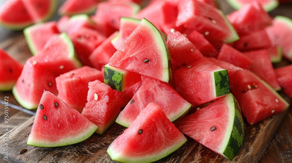 a wooden cutting board topped with slices of watermelon next to another slice of watermelon on a cutting board. a wooden cutting board topped with slices of watermelon next to another slice of watermelon on a cutting board.