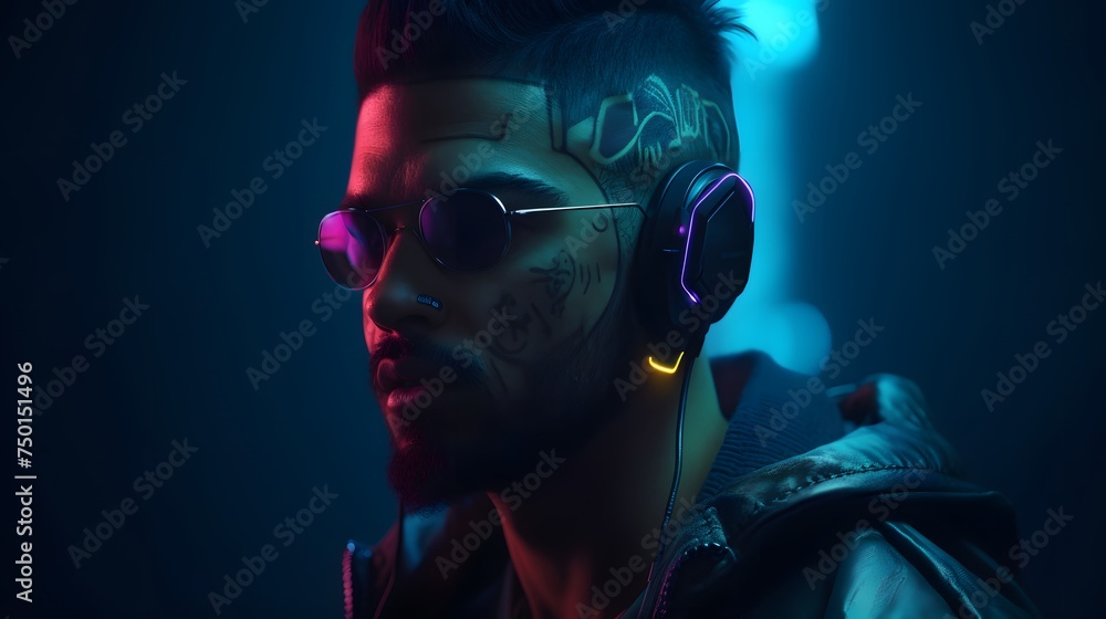 cyberpunk man wearing a futuristic headset, neon virtual glasses, and cyberpunk gear cyberpunk man wearing a futuristic headset, neon virtual glasses, and cyberpunk gear