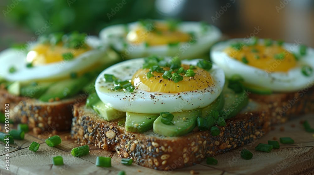 a close up of a plate of food with eggs and avocado on a piece of bread on a cutting board. a close up of a plate of food with eggs and avocado on a piece of bread on a cutting board.