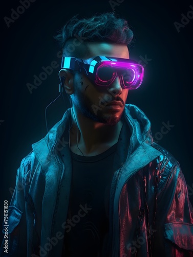 cyberpunk man wearing a futuristic headset, neon virtual glasses, and cyberpunk gear © wizXart
