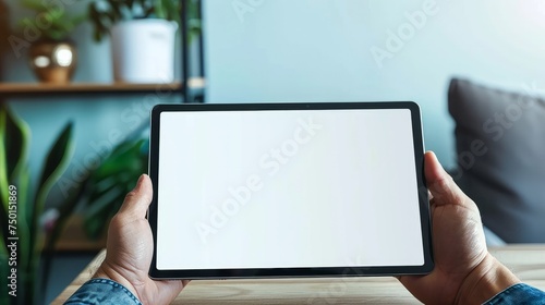 An image portrays a businessman reclining at home, holding a black tablet PC featuring a blank white desktop screen. This mockup provides space for customization or display of various digital content photo