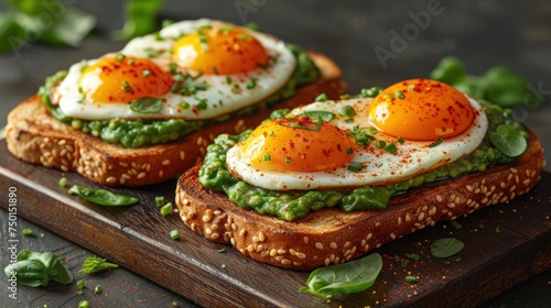a close up of two sandwiches with eggs on top of bread on a wooden board on a black surface with green leaves and sprinkles.