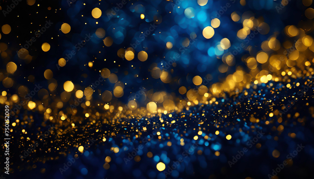 abstract background with Dark blue and gold particle. Christmas Golden light shine particles bokeh on navy blue background. Gold foil texture. - obrazy, fototapety, plakaty 