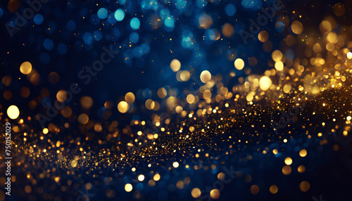 abstract background with Dark blue and gold particle. Christmas Golden light shine particles bokeh on navy blue background. Gold foil texture.