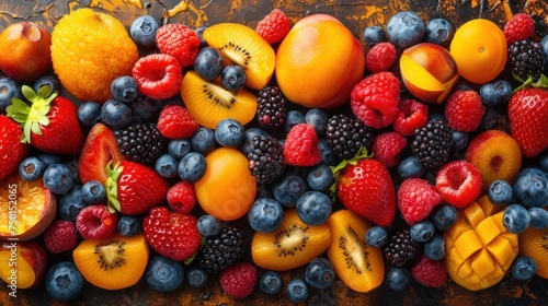 a close up of a bunch of fruit with kiwis, oranges, strawberries, and blueberries. © Sonya
