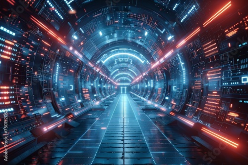 A futuristic tunnel with neon lights and glowing blue walls