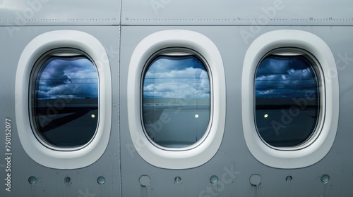 Viewed from outside, the windows of a passenger airliner gleam against the fuselage, offering a glimpse into the world within