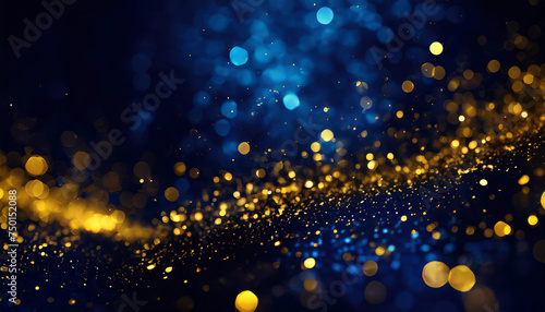 abstract background with Dark blue and gold particle. Christmas Golden light shine particles bokeh on navy blue background. Gold foil texture.