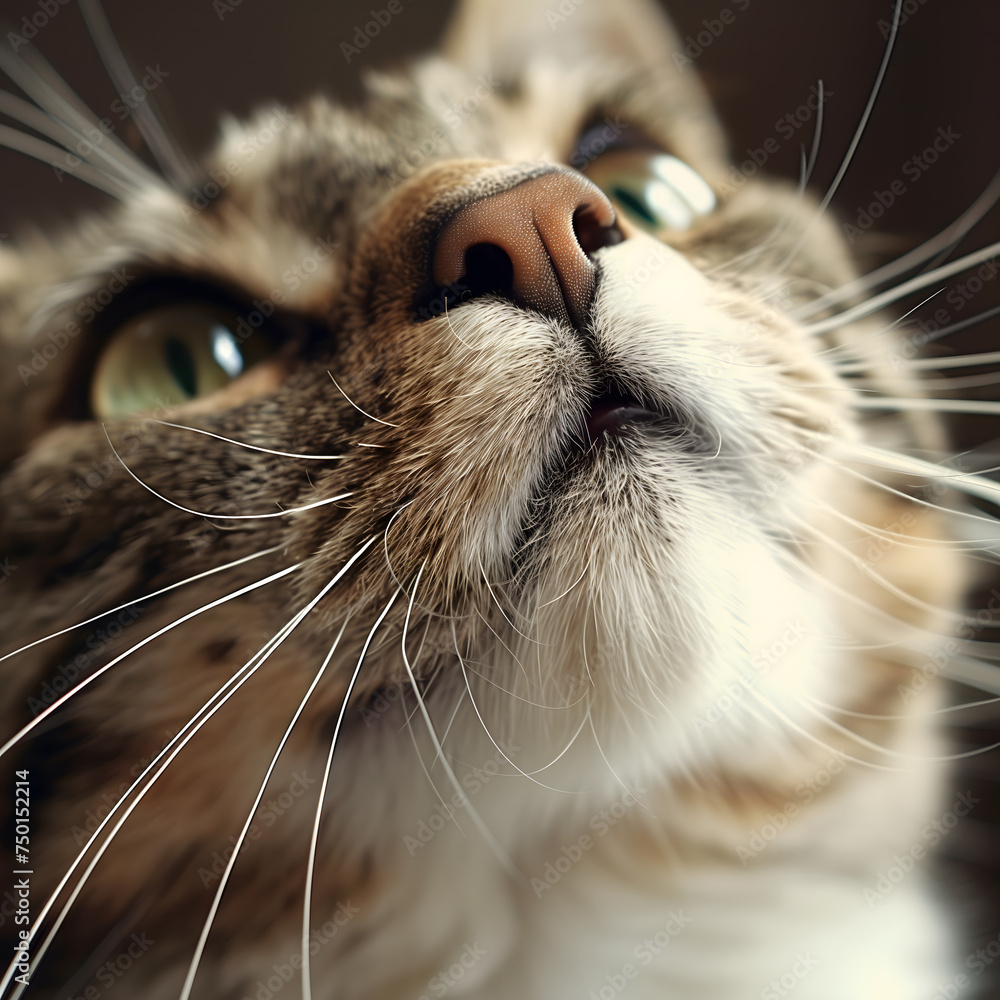 Close-Up View of a Curious Domestic Cat Gazing Upward Indoors