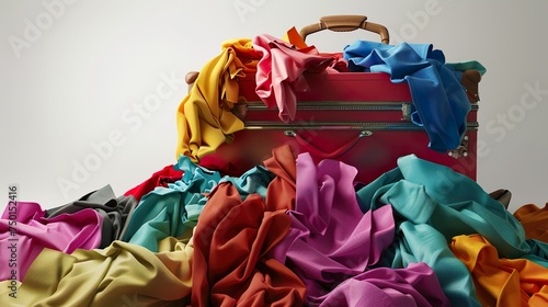 packing conundrum: an overflowing vintage suitcase under a mountain of laundry