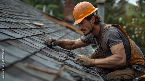 A man fixing a roof on a house.