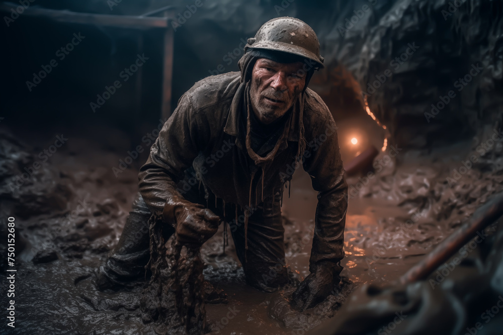 Miner in underground mine on coal mining work. Coal mining in mine. Underground mining. Mine workers on Underground hard-rock mining.