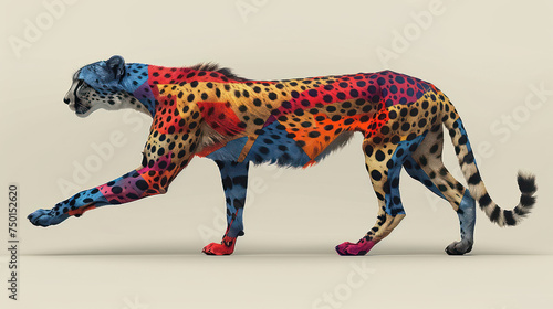 a multicolored cheetah is walking on a white background with a gray background and a light gray background. photo