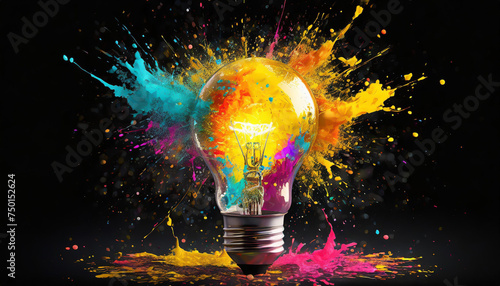 Creative light bulb explodes with colorful paint and splashes on a black background. Think differently creative idea concept