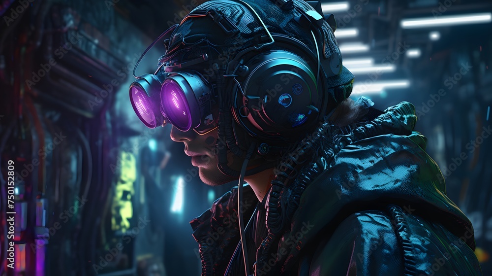 cyberpunk man wearing a futuristic headset, neon virtual glasses, and cyberpunk gear cyberpunk man wearing a futuristic headset, neon virtual glasses, and cyberpunk gear