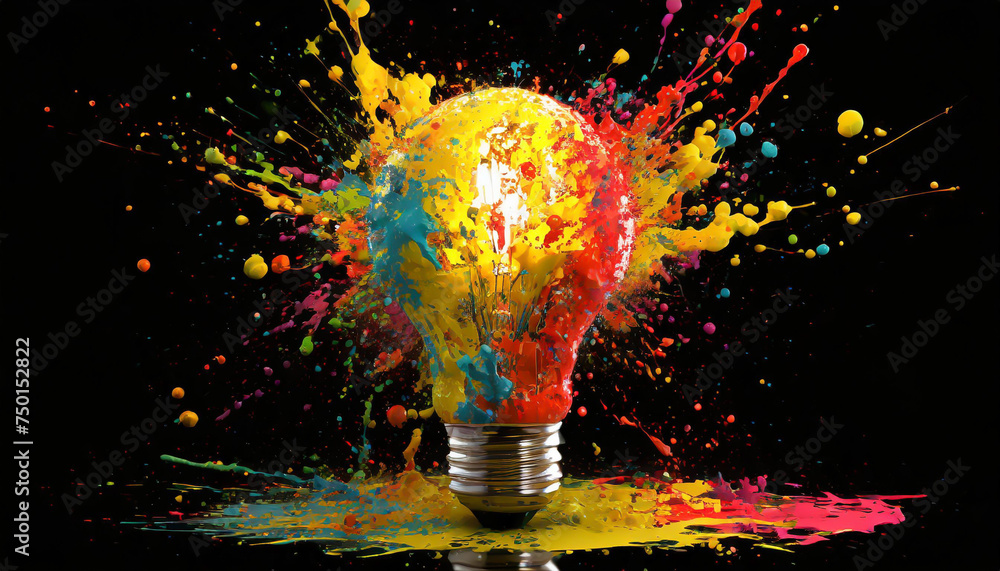 Creative light bulb explodes with colorful paint and splashes on a black background. Think differently creative idea concept - obrazy, fototapety, plakaty 