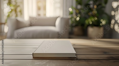 journaling in a cozy living room with white book on wooden table