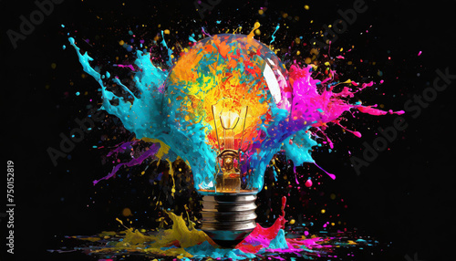 Creative light bulb explodes with colorful paint and splashes on a black background. Think differently creative idea concept