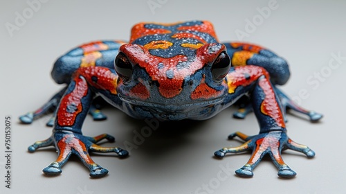 a red and blue frog sitting on top of a white table next to a green and orange frog on top of a white table. photo