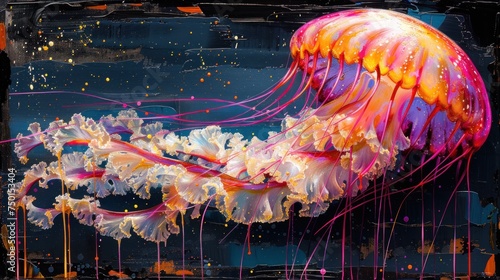 a painting of a jellyfish with pink and orange colors on it's body and a black back ground. photo