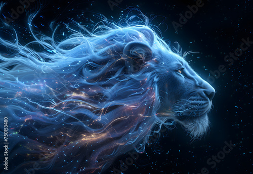 Majestic Digital Artwork of a Cosmic Lion With Luminous Mane Against a Starry Night Sky