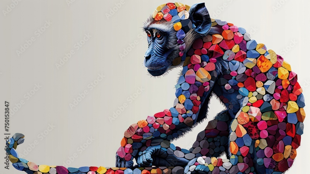 a painting of a monkey made out of many different colors of confetti on it's back legs.