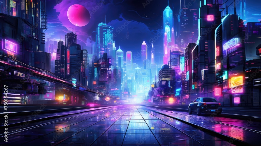 A cyberpunk-inspired cityscape at night, illuminated by neon signs and lights, with futuristic cars traversing the vividly colored streets. Resplendent.