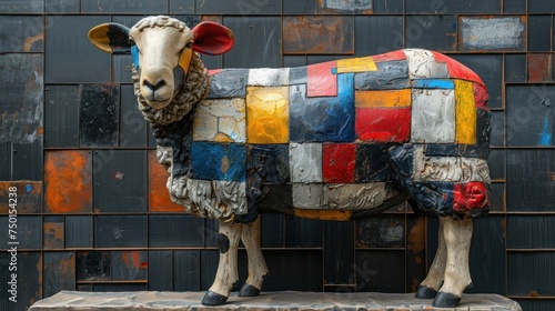 a sculpture of a sheep made out of multicolored squares on a wooden block wall in front of a building. photo