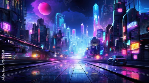 A cyberpunk-inspired cityscape at night, illuminated by neon signs and lights, with futuristic cars traversing the vividly colored streets. Resplendent. © Summit Art Creations