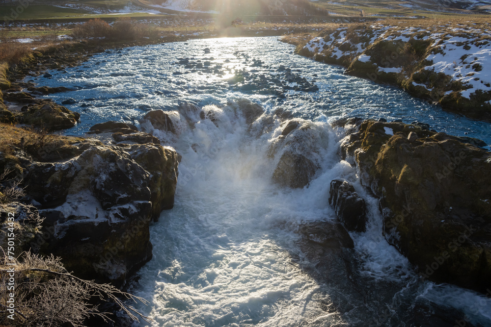 Detail of a river and a cascade, Jonasarlundur, Iceland